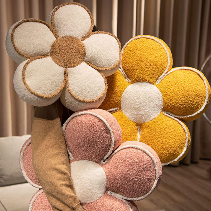 Yellow teddy fleece flower throw pillow, plush decorative accent cushion for sofa
