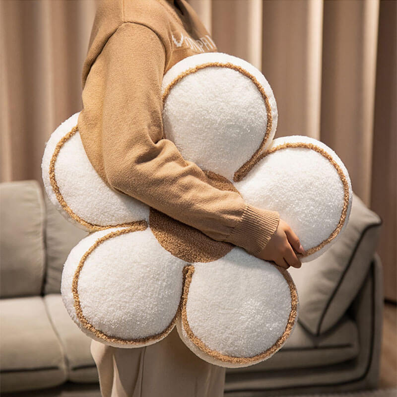 White soft plush flower throw pillow, decorative cushion for modern home decor