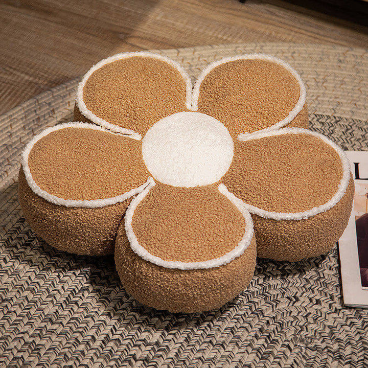 Stack of soft plush flower throw pillows, variety of colors, decorative cushions