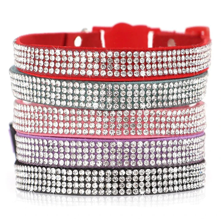 Collection of colorful soft suede rhinestone pet collars, adjustable and comfortable for small pets