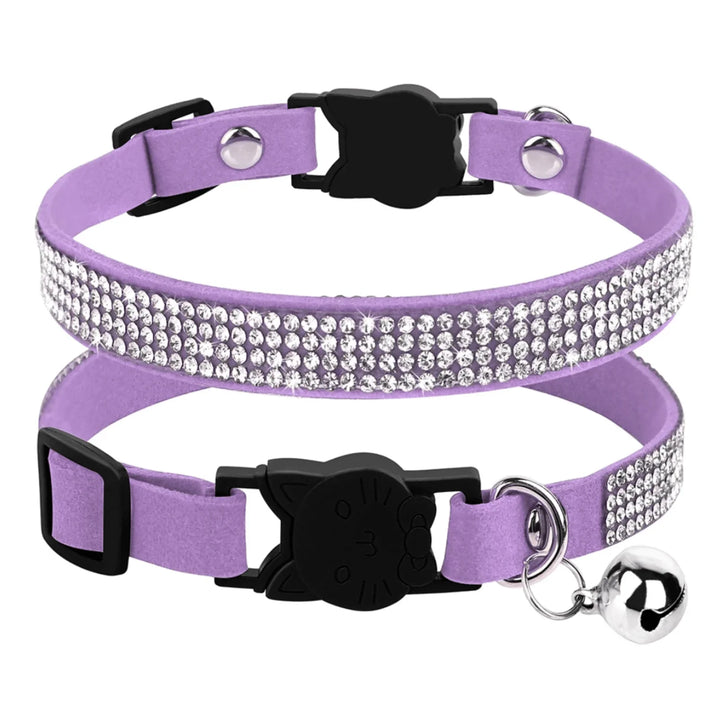 Stylish black suede pet collar with a row of shiny rhinestones, secure buckle for safety