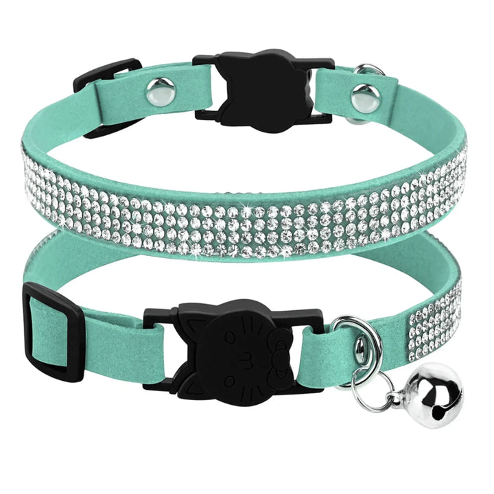 Close-up of a luxurious suede pet collar adorned with shimmering rhinestones, pet accessory
