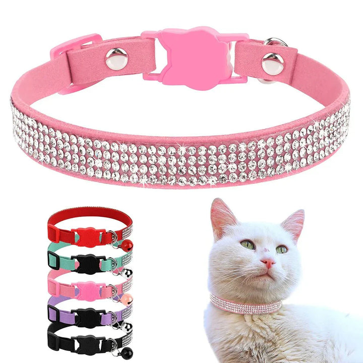 Green suede pet collar featuring dazzling rhinestones, a fashionable and safe pet accessory