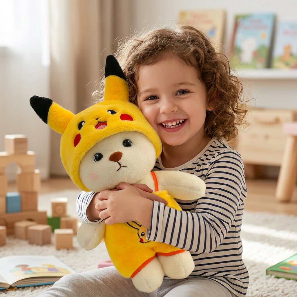 Kids' brown plush bear, a soft stuffed animal & playtime pal, ideal children's gift.