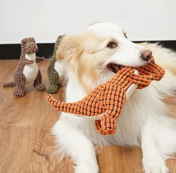 Soft plush green dinosaur dog toy for playful pups and kittens, durable chew toy