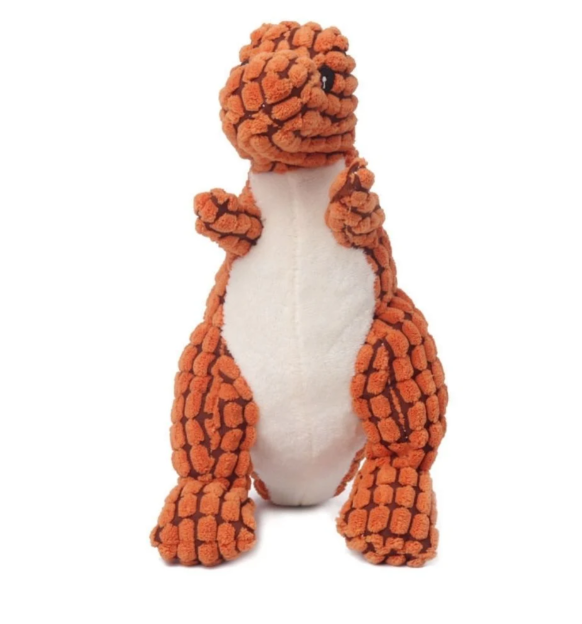 Close-up of a charming plush dinosaur dog toy with textured scales, perfect for pets
