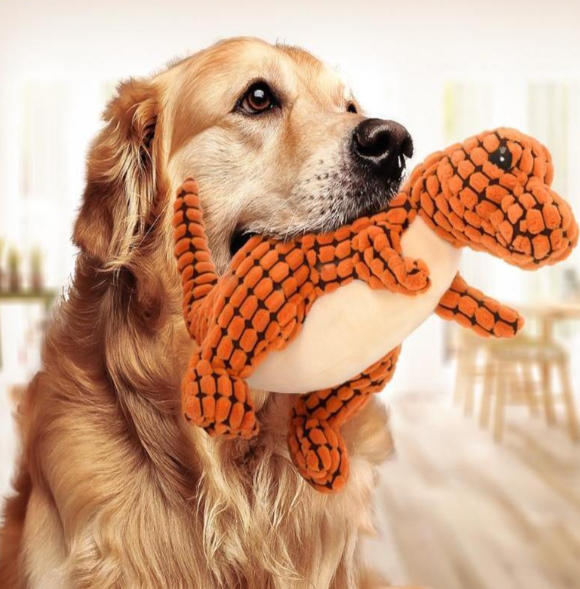 Assortment of vibrant plush dinosaur toys for dogs and cats, chew-resistant pet supplies
