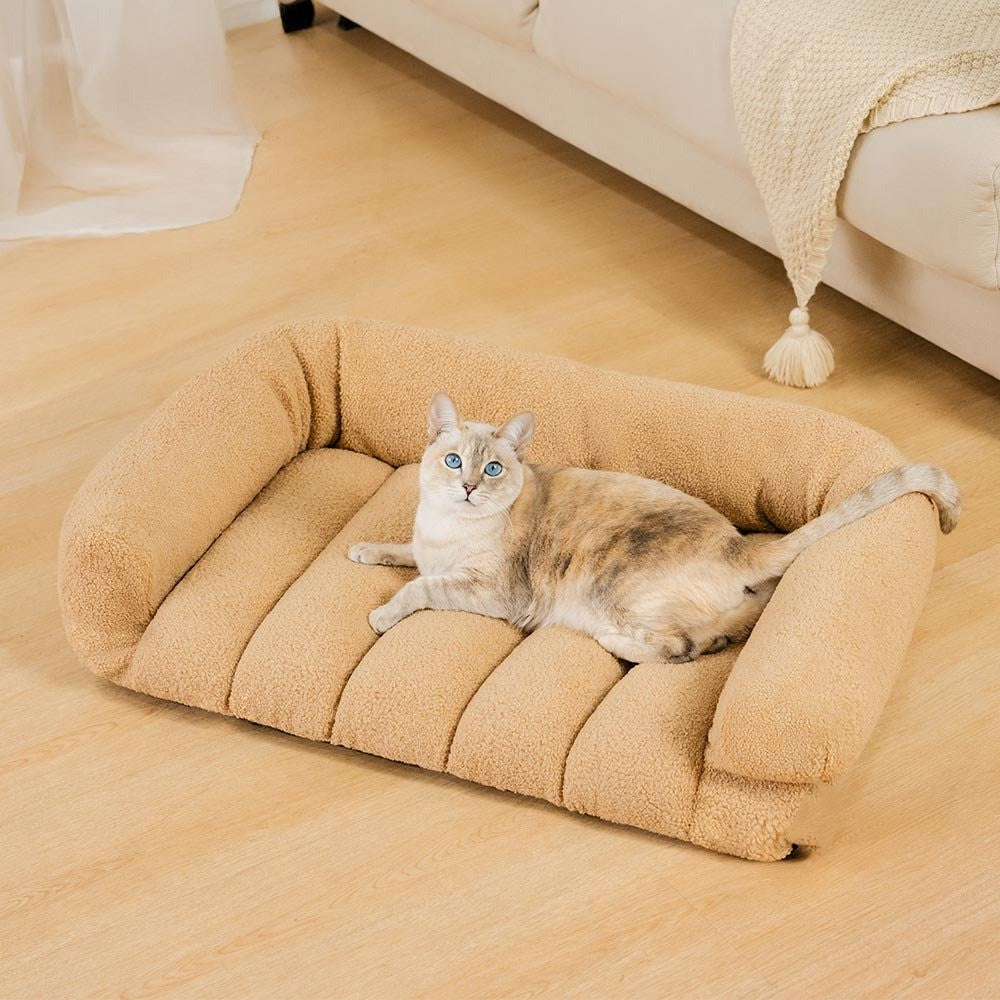 Washable orthopedic cat bed in soft plush fabric, offering a warm and supportive headrest