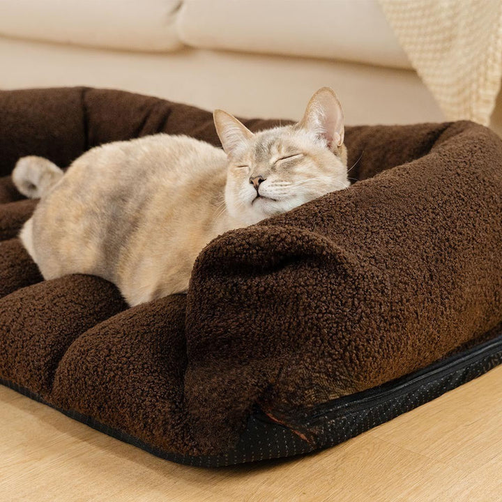 Winter-ready orthopedic pet bed with high bolster, designed for ultimate cat comfort and support