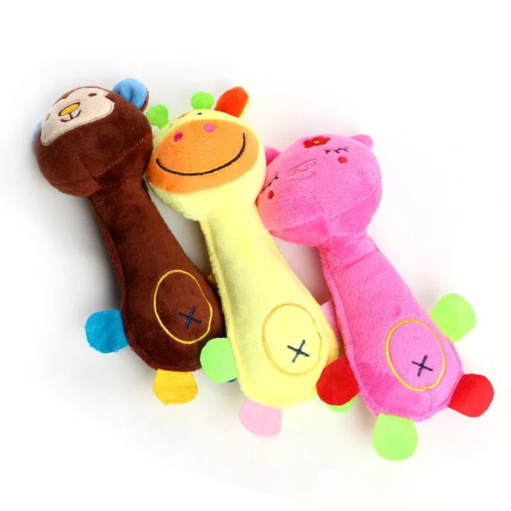 Durable squeaky plush dog toy, an interactive pet toy for chewing and fun.