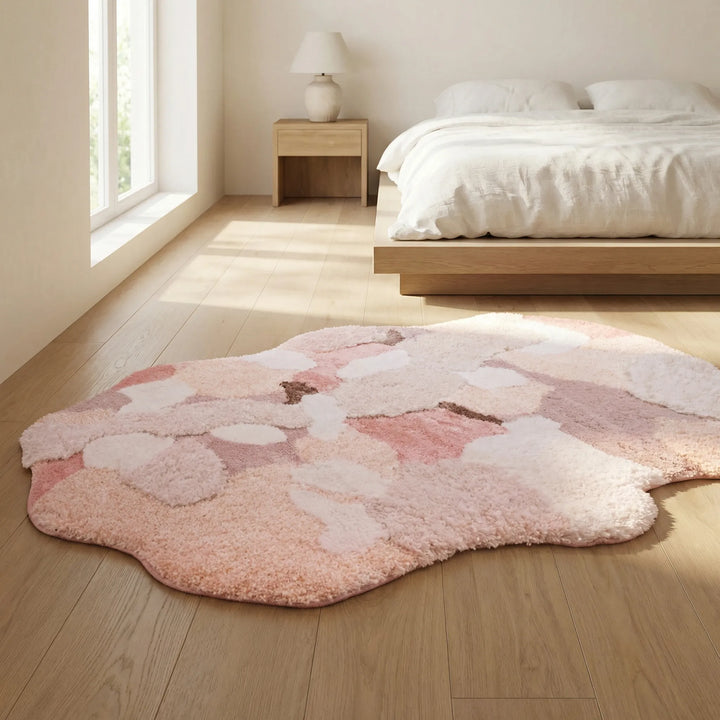 Soft sculpted pastel area rug with serene wave design. Ideal for living room or bedroom home decor.