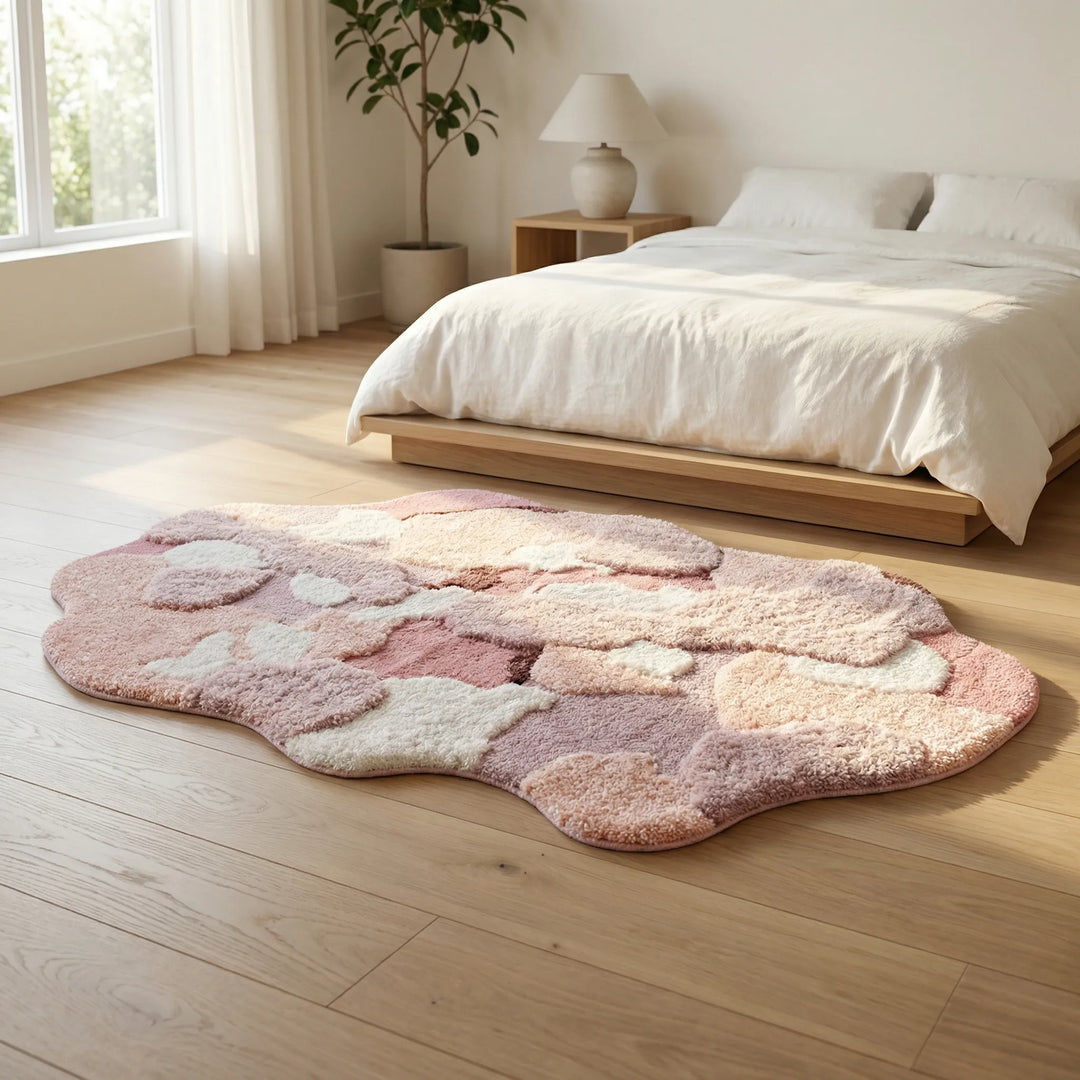 Serene, soft sculpted area rug with flowing waves & nature-inspired design. Perfect pastel home decor for living/bedroom.