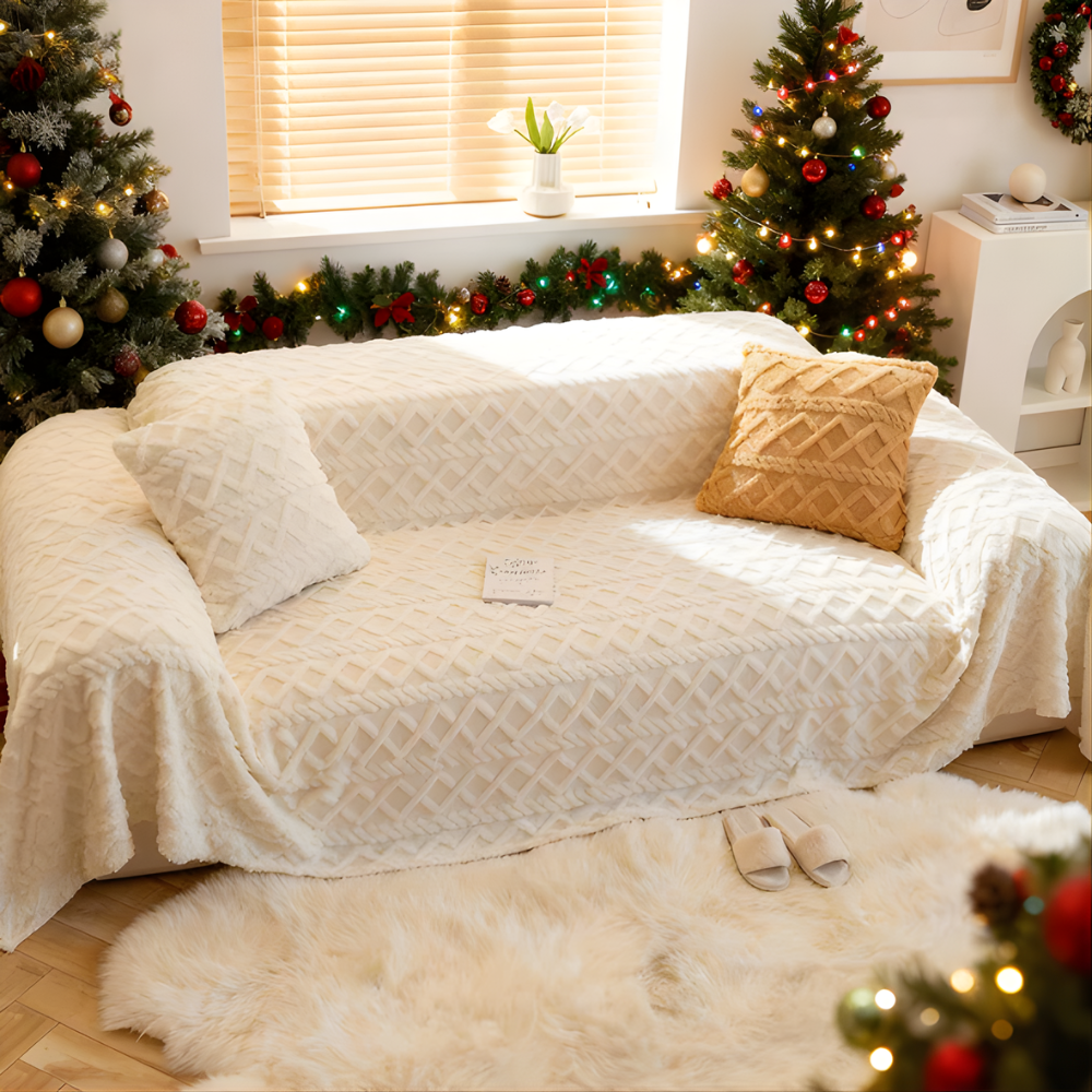 Soft shaggy hypoallergenic sofa cover in light gray, full view protecting furniture from pets.