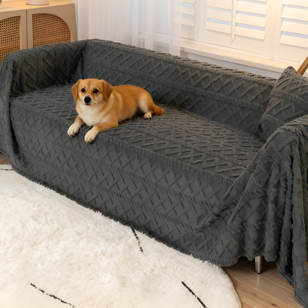 Close-up of plush microfiber shaggy sofa cover texture, highlighting hypoallergenic and pet-friendly features.