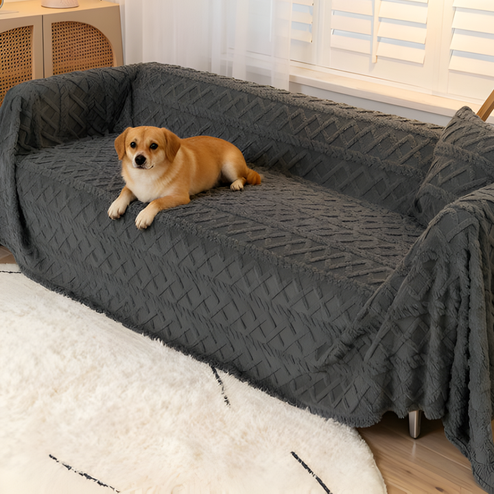 Close-up of plush microfiber shaggy sofa cover texture, highlighting hypoallergenic and pet-friendly features.