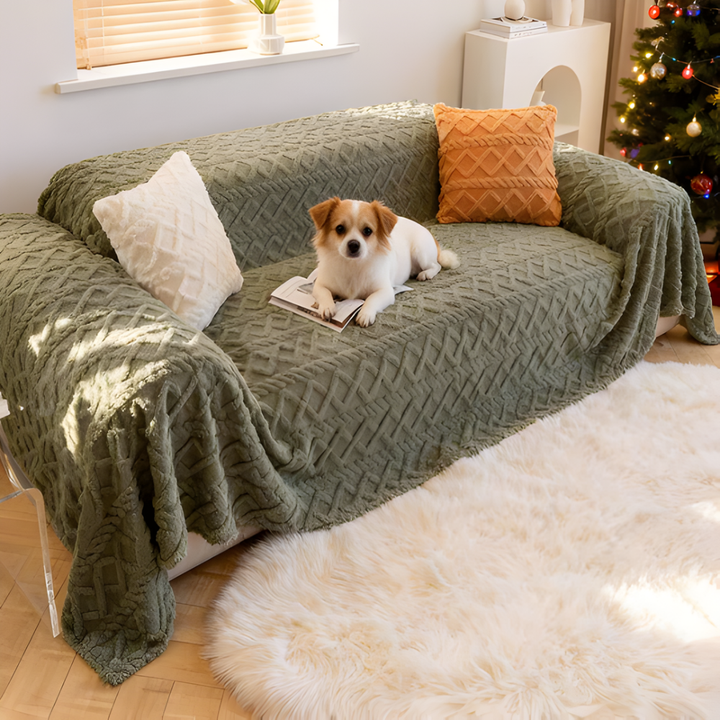 Non-slip shaggy couch throw in a living room setting, draped over a sofa, shown protecting cushions.