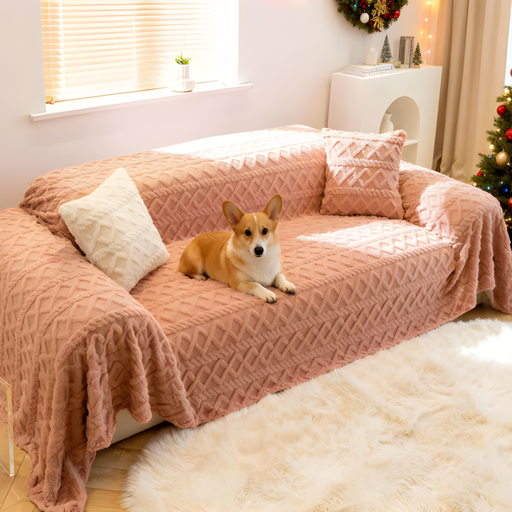 Corner view of a shaggy hypoallergenic sofa cover on a sectional, showing its non-slip fit and decor appeal.