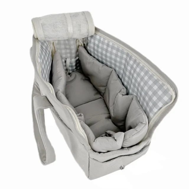 Modern design pet carrier bag, grey with side pockets, suitable for small dogs and travel
