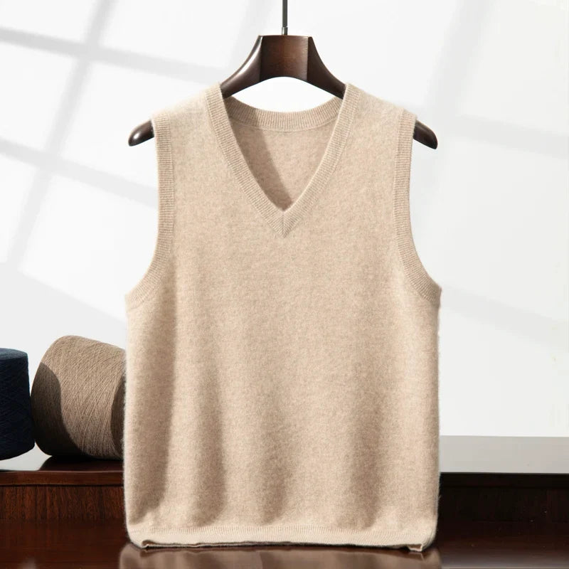 Soft unisex cashmere V-neck sweater vest in a classic style, perfect for elegant layering.