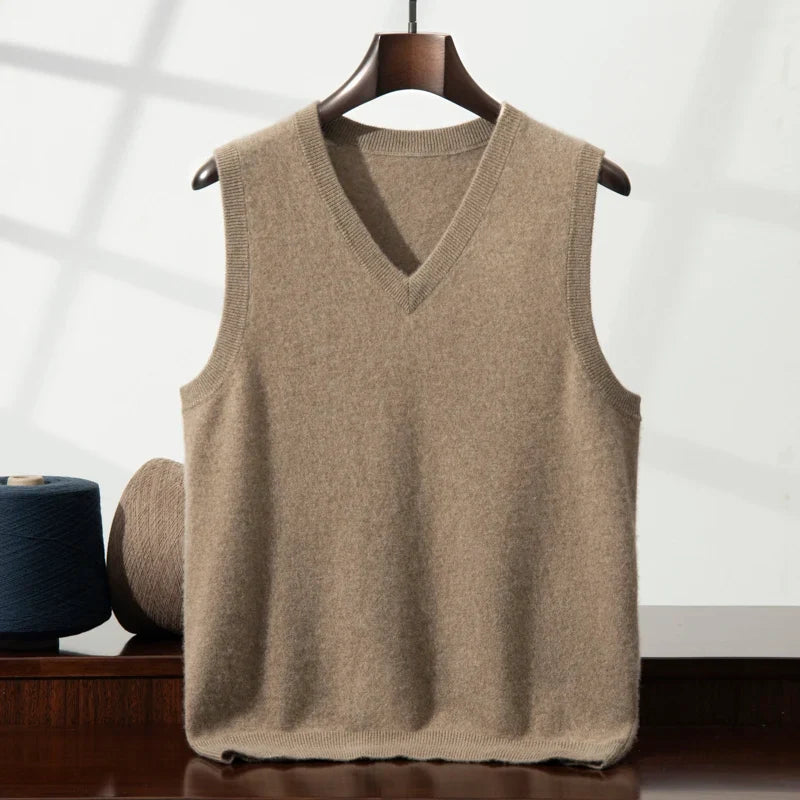 Luxurious soft cashmere V-neck vest, comfortable and elegant for unisex layering.
