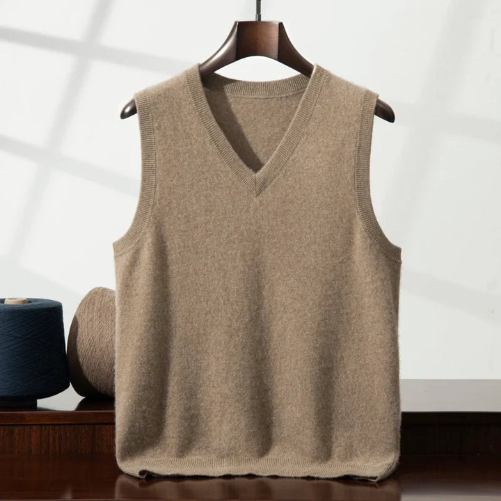 Luxurious soft cashmere V-neck vest, comfortable and elegant for unisex layering.