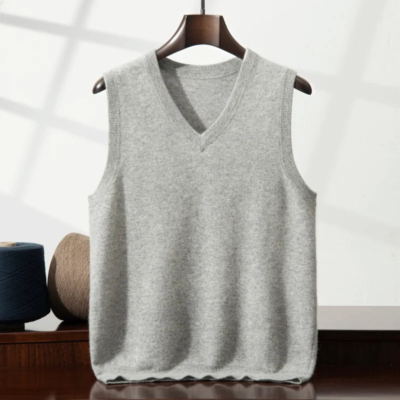 Elegant unisex V-neck sweater vest made from premium soft cashmere, ideal for versatile layering.