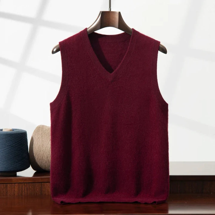 Buttery soft cashmere unisex V-neck sweater vest, a luxurious and comfortable layering piece for any gender.