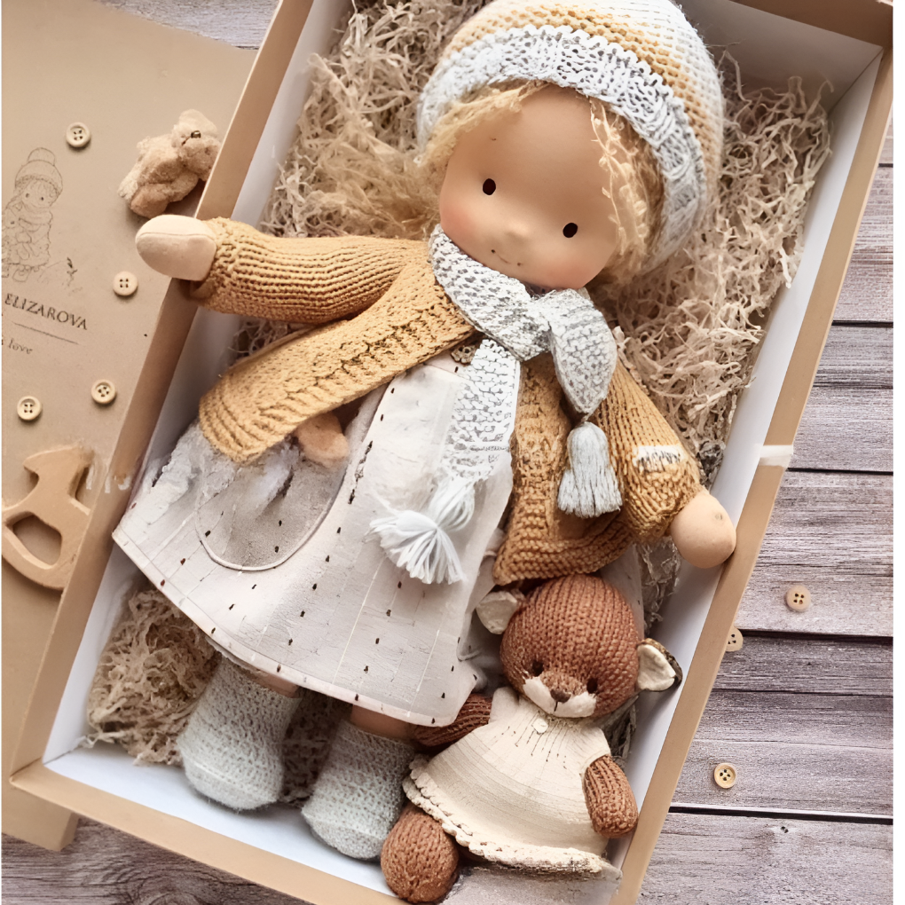 Handmade Waldorf doll, soft wool stuffed, a comforting baby toy for imaginative play.