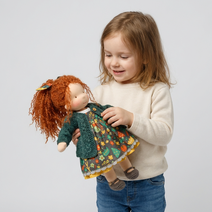 Handmade children's Waldorf doll, wool stuffed, natural play friend for imaginative play.