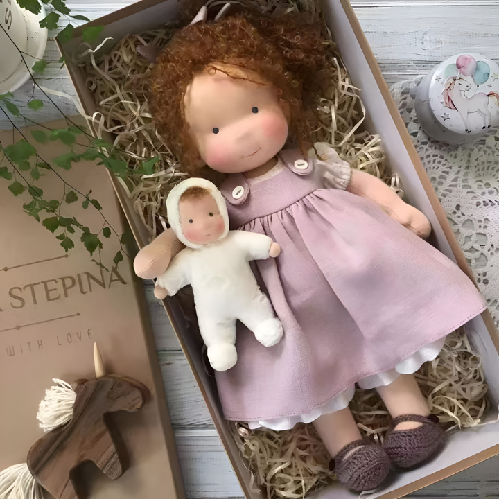 Soft Waldorf stuffed doll, wool blend, a durable natural toy for kids' imaginative games.