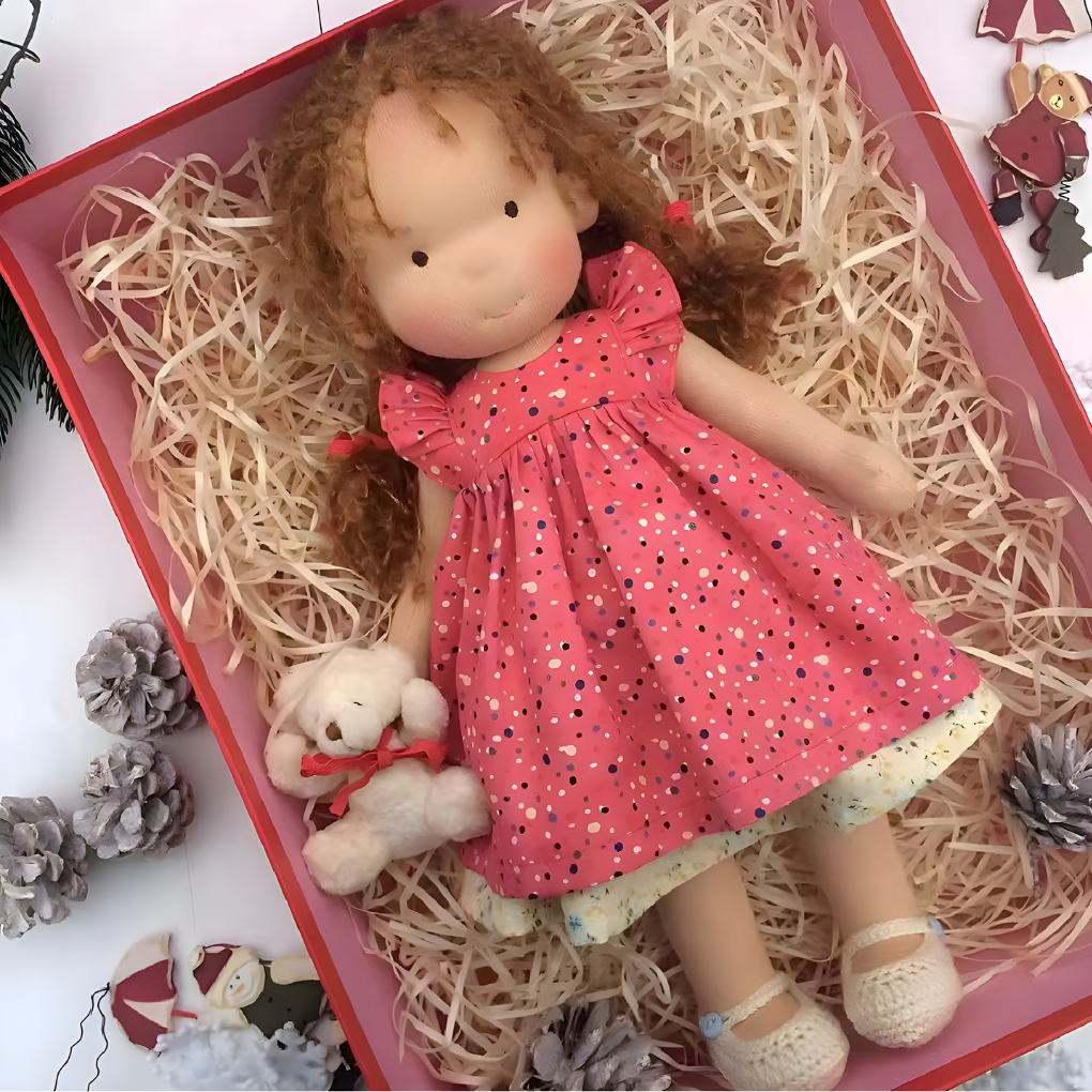 Natural wool Waldorf stuffed doll, a beloved play friend for toddlers' imaginative adventures.