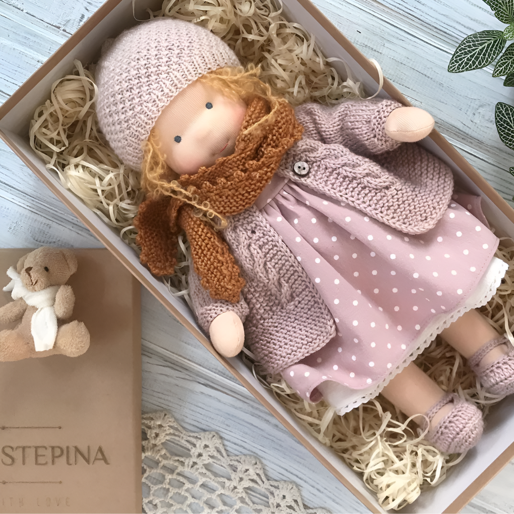 Handmade Waldorf doll, soft wool stuffed, a comforting baby toy for quiet play.