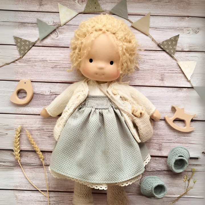 Stuffed Waldorf doll, a cozy wool comfort toy for toddlers, ideal children's gift.