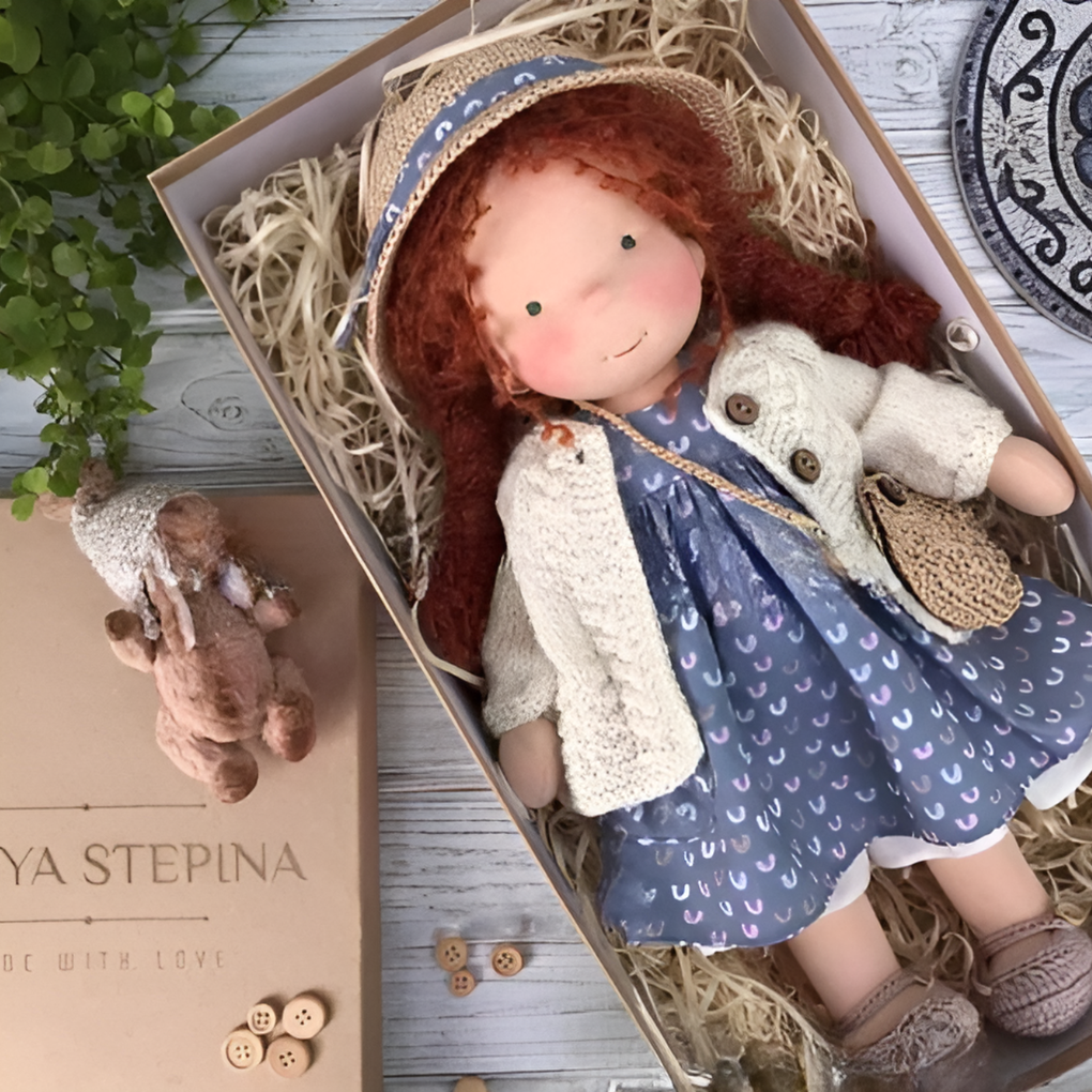 Natural wool Waldorf doll, soft stuffed play friend, perfect for babies and children.