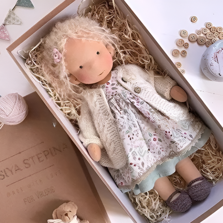 Soft organic cotton Waldorf doll, ideal cloth play friend for young children's gifts.