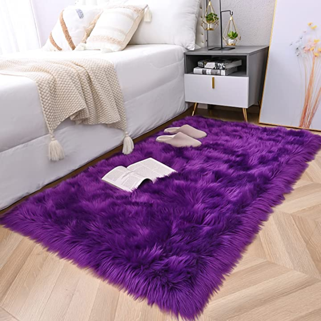 Contemporary living room with a large rectangular faux sheepskin area rug