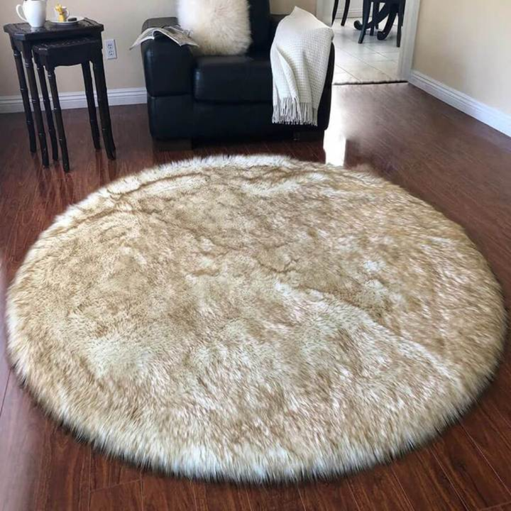 Close-up of the anti-slip backing on a plush faux sheepskin area rug, white
