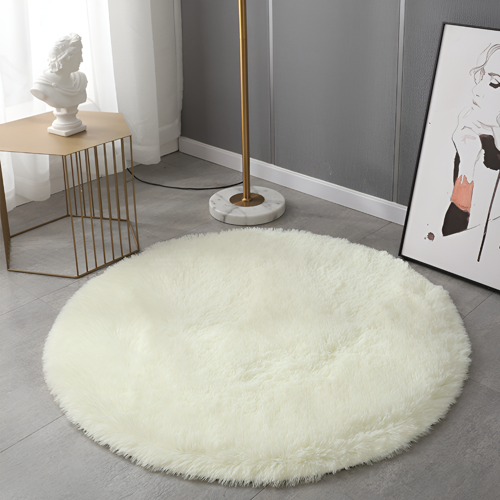Close-up of a shaggy faux sheepskin rug, showing its plush and soft texture