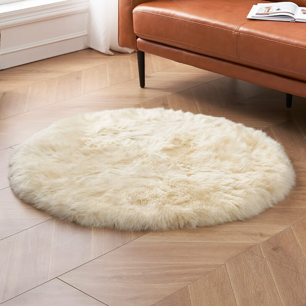 Elegant white round area rug, made from high-quality faux sheepskin material