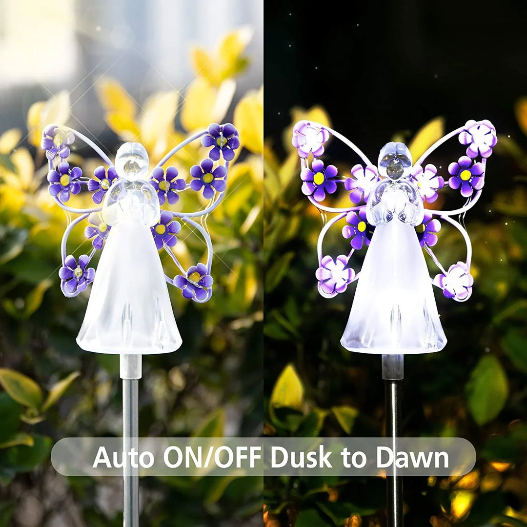 Outdoor solar angel garden light, showcasing its durable, weatherproof construction for landscape lighting.