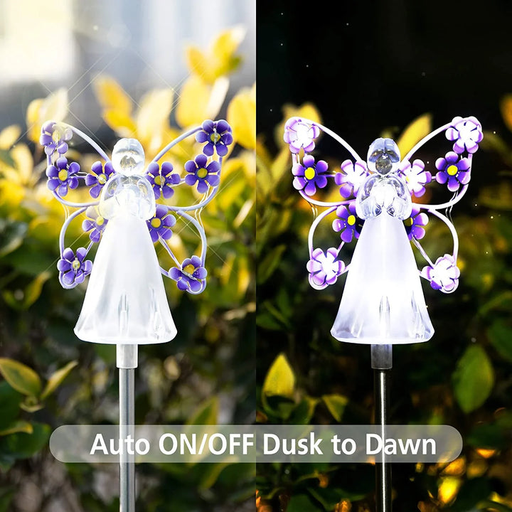 Outdoor solar angel garden light, showcasing its durable, weatherproof construction for landscape lighting.