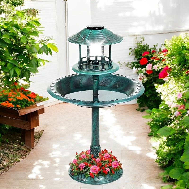 Solar bird bath fountain with planter & LED light, perfect garden decor for birds & nature lovers.