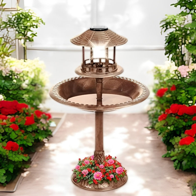 Eco-friendly solar bird bath & planter with LED light; durable resin, weather-resistant outdoor fountain.