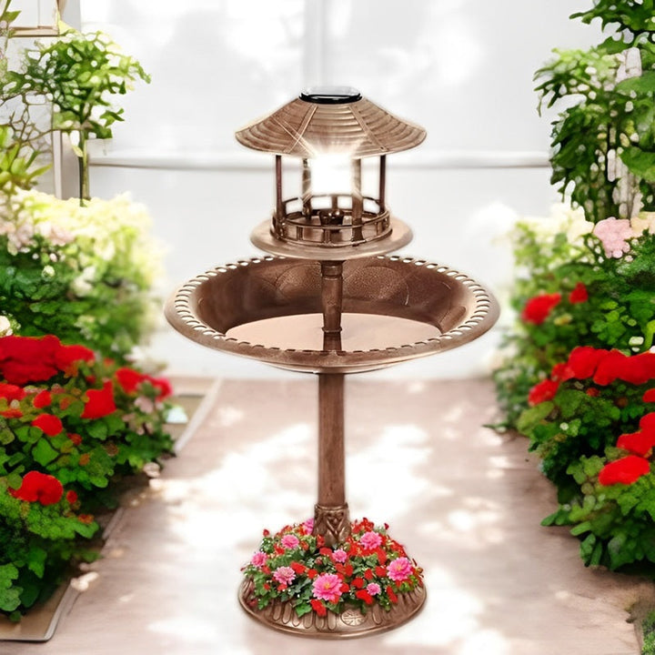 Eco-friendly solar bird bath & planter with LED light; durable resin, weather-resistant outdoor fountain.