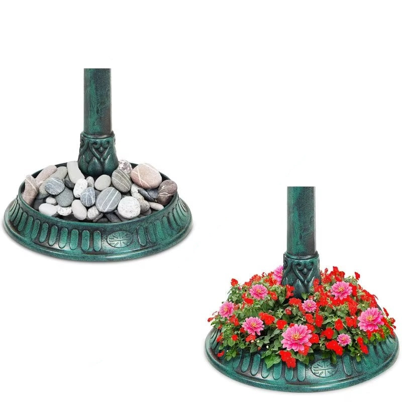 Patio accessory: weather-resistant solar bird bath and planter, with LED light for evening ambiance.