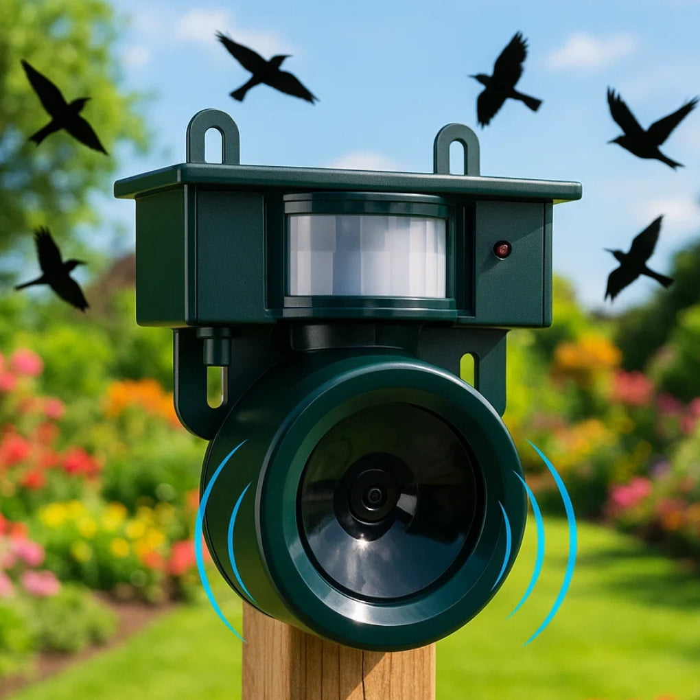 Solar bird repeller with motion sensor & sound deterrent for garden pest control.
