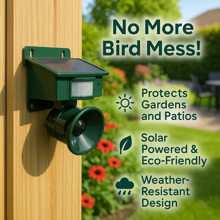 Outdoor solar bird repeller with motion sensor, sound & ultrasonic pest control for gardens.