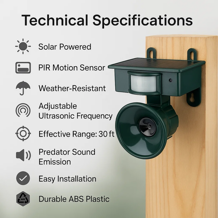 Garden protection: Solar-powered bird repeller with motion sensor & sound deterrent.
