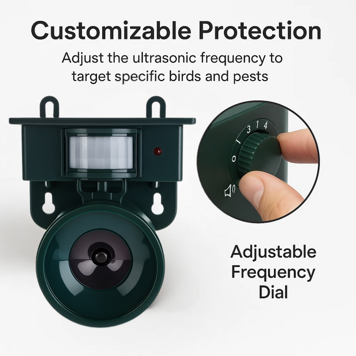 Effective solar bird repeller for outdoor animal repellent. Motion sensor & sound deterrent.