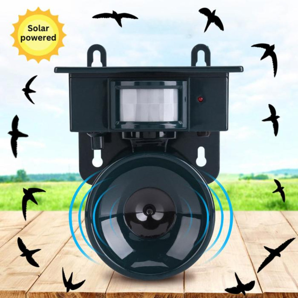 Yard & patio deterrent: Solar-powered bird repeller with motion sensor & sound for pest control.